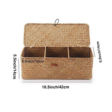 Seagrass Storage Basket with Lid 3 Compartments Woven Organizer 16.5x5.5x5.5 Inch