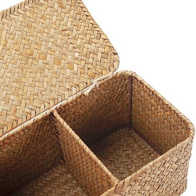 Seagrass Storage Basket with Lid 3 Compartments Woven Organizer 16.5x5.5x5.5 Inch