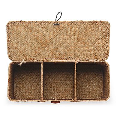 Seagrass Storage Basket with Lid 3 Compartments Woven Organizer 16.5x5.5x5.5 Inch