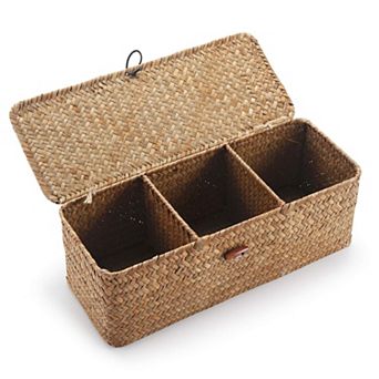 Seagrass Storage Basket with Lid 3 Compartments Woven Organizer 16.5x5.5x5.5 Inch