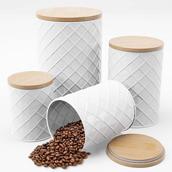 White Metal Canister Set 4 Airtight Kitchen Storage Containers Sugar Flour Coffee Tea Farmhouse
