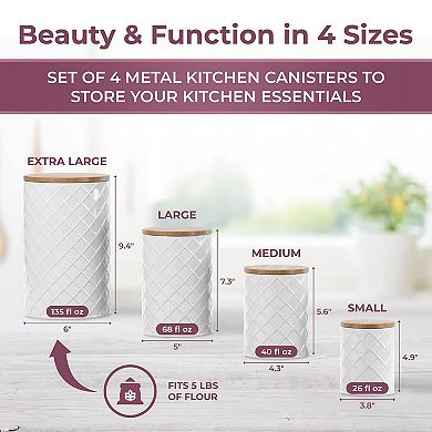 White Metal Canister Set 4 Airtight Kitchen Storage Containers Sugar Flour Coffee Tea Farmhouse