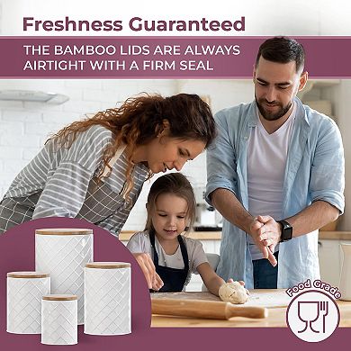 White Metal Canister Set 4 Airtight Kitchen Storage Containers Sugar Flour Coffee Tea Farmhouse