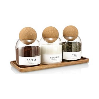 Glass Jars with Cork Lids 3 Pack Small Decorative Tray Bathroom Qtip Cotton Ball Holder Coffee Bar