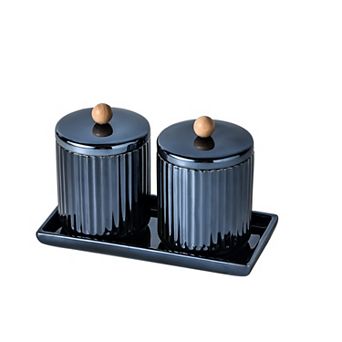 Qtip Holder Bathroom Set With Tray 3 pc - 2 Pack 12oz Ceramic Jars With Wooden Lid and 1 Pack
