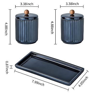 Qtip Holder Bathroom Set With Tray 3pcs - 2 Pack 12oz Ceramic Jars With Wooden Lid and 1 Pack