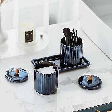Qtip Holder Bathroom Set With Tray 3pcs - 2 Pack 12oz Ceramic Jars With Wooden Lid and 1 Pack
