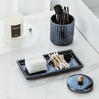Qtip Holder Bathroom Set With Tray 3pcs - 2 Pack 12oz Ceramic Jars With Wooden Lid and 1 Pack