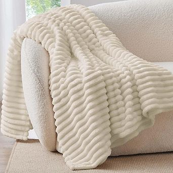 Striped Fleece Throw Blanket Soft Warm Fluffy Beige 300GSM