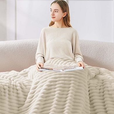 Striped Fleece Throw Blanket Soft Warm Fluffy Beige 300GSM