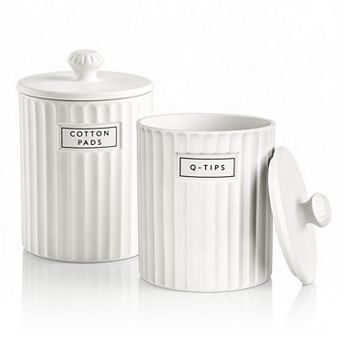 White Ceramic Bathroom Organizer Jars with Lids 2 Pack Qtip Holder Cotton Pad Dispenser Canisters