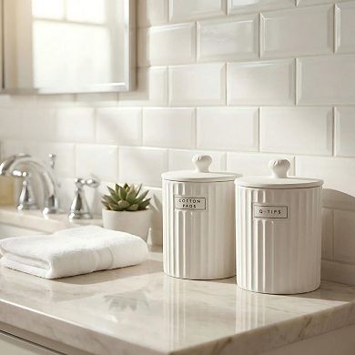 White Ceramic Bathroom Organizer Jars with Lids 2 Pack Qtip Holder Cotton Pad Dispenser Canisters