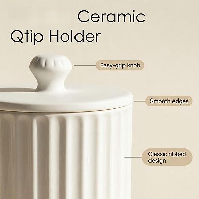 White Ceramic Bathroom Organizer Jars with Lids 2 Pack Qtip Holder Cotton Pad Dispenser Canisters