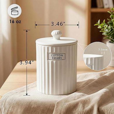 White Ceramic Bathroom Organizer Jars with Lids 2 Pack Qtip Holder Cotton Pad Dispenser Canisters