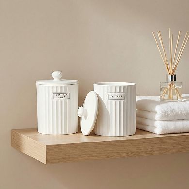 White Ceramic Bathroom Organizer Jars with Lids 2 Pack Qtip Holder Cotton Pad Dispenser Canisters
