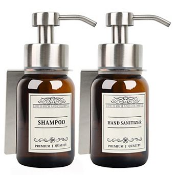 Glass Soap Dispenser 2 Pack Wall Mount Shampoo Conditioner Pump Holder Waterproof Labels Kitchen