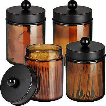 Glass Qtip Holder Jars With Matte Black Metal Lid Stickers Bathroom Dispenser Storage Organizer