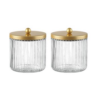 Matte Gold Glass Qtip Holder Dispenser Set of 2 for Cotton Ball Swab Pads Floss Bathroom Storage