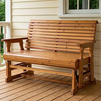 Fortune Candy Outdoor Wood Glider with High Back and Cup Holder for Outdoor, Garden, 2-Seaters