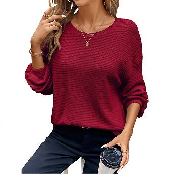 Women Plus Size Waffle Knit Tunic Tops Casual Crewneck Long Sleeve Loose Tee Blouses Sweatshirt