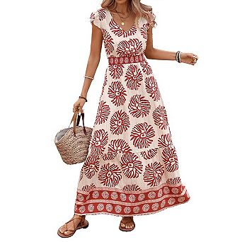 Women's Boho Floral Maxi Dress Flutter Sleeve V Neck Smocked Tiered Flowy A Line Vacation Dresses