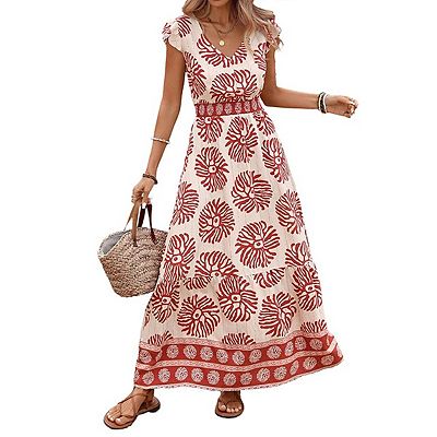 loose boho maxi dress Boho Ethnic Print Strappy Maxi Dress  Pink Cocoa Multi Medium