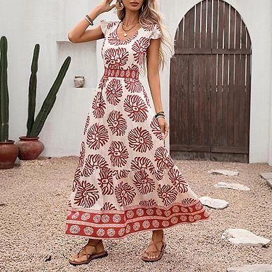 Women's Boho Floral Maxi Dress Flutter Sleeve V Neck Smocked Tiered Flowy A Line Vacation Dresses