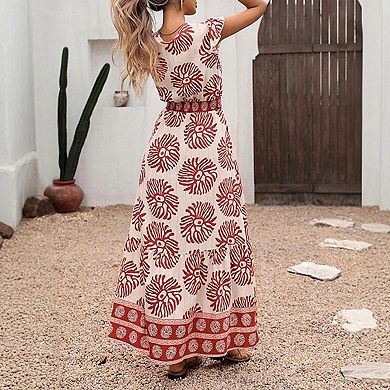 Women's Boho Floral Maxi Dress Flutter Sleeve V Neck Smocked Tiered Flowy A Line Vacation Dresses