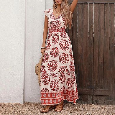 Women's Boho Floral Maxi Dress Flutter Sleeve V Neck Smocked Tiered Flowy A Line Vacation Dresses