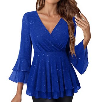 Glitter Peplum Tops for Women V Neck Bell Sleeve Blouse for Party Wear