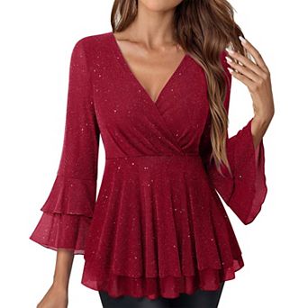 Glitter Peplum Tops for Women V Neck Bell Sleeve Blouse for Party Wear