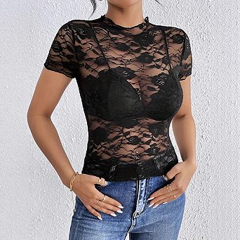 Women's Sheer Floral Lace Mock Neck Top Short Sleeve Fitted Mesh Blouse