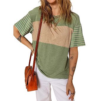 Summer Tops Trendy Oversized Crewneck Casual Color Block Striped Womens Shirts Blouses
