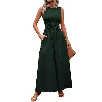 Women's Summer Sleeveless Crew Neck Tie Waist A-Line Maxi Casual Perfect Beach Party Dress