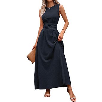 Women's Summer Sleeveless Crew Neck Tie Waist A-Line Maxi Casual Perfect Beach Party Dress