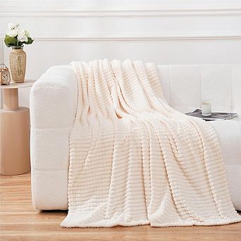 Flannel Fleece Throw Blanket Soft Plush Cozy Cream White 3D Jacquard