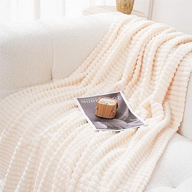 Flannel Fleece Throw Blanket Soft Plush Cozy Cream White 3D Jacquard