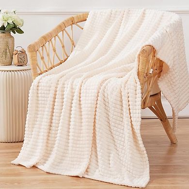 Flannel Fleece Throw Blanket Soft Plush Cozy Cream White 3D Jacquard