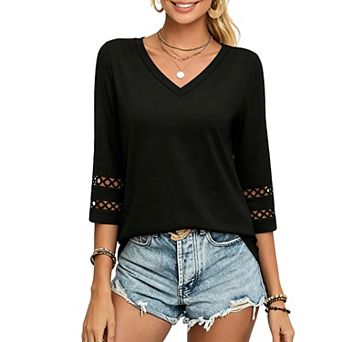 Women’s V-Neck 3/4 Sleeve Top, Casual T-Shirt with Cutout Cuffs for Everyday Wear