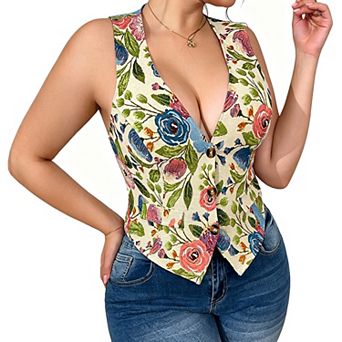 Women’s Plus Size Floral Print Button Down Vest, Sleeveless Tailored Waistcoat for Casual Layering