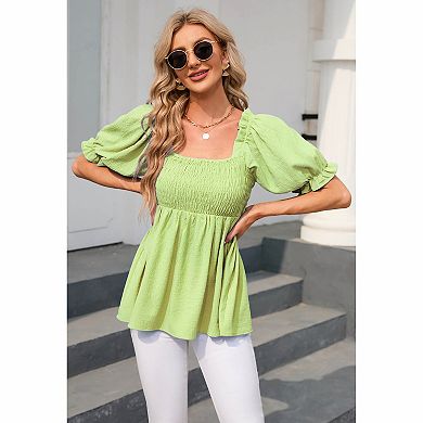 Women's Off‑Shoulder Puff Sleeve Smocked Peplum Casual Top