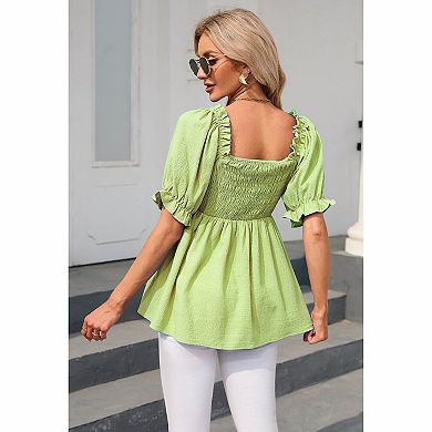 Women's Off‑Shoulder Puff Sleeve Smocked Peplum Casual Top