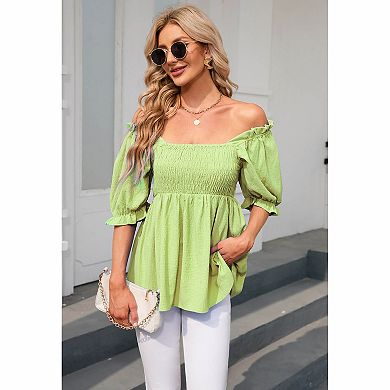 Women's Off‑Shoulder Puff Sleeve Smocked Peplum Casual Top
