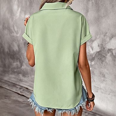 Women’s Pleated Button Down Shirt, Short Cuffed Sleeve Blouse with Chest Pockets