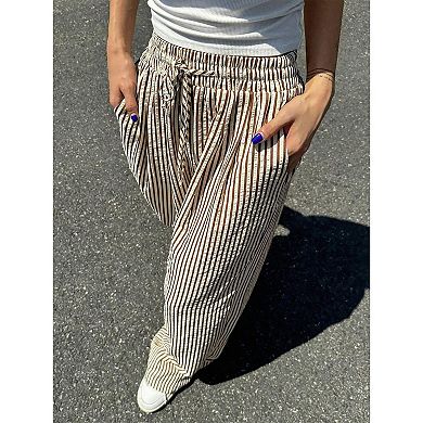 Womens Drawstring High Waisted Striped Straight Wide Leg Pants Summer Casual Long Pants With Pockets