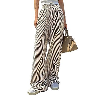 Womens Drawstring High Waisted Striped Straight Wide Leg Pants Summer Casual Long Pants With Pockets