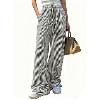 Womens Drawstring High Waisted Striped Straight Wide Leg Pants Summer Casual Long Pants With Pockets