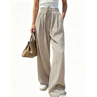 Womens Drawstring High Waisted Striped Straight Wide Leg Pants Summer Casual Long Pants With Pockets