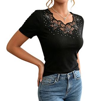 Womens Ribbed Short Sleeve Top Lace Neck Rhinestone Fitted Casual Blouse Shirt