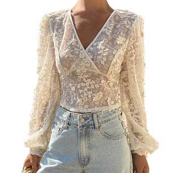 Womens Lace Long Sleeve Crop Top Floral Embroidered V Neck Backless Blouse